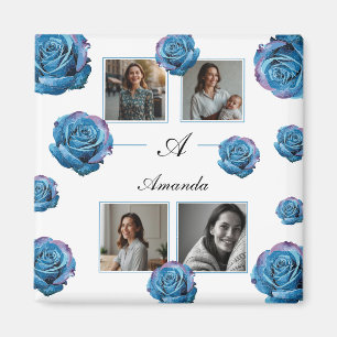 Modern Blauw Roos Monogram Fotocollage Aangepaste  Magneet