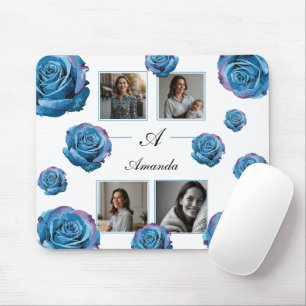 Modern Blauw Roos Monogram Fotocollage Aangepaste  Muismat