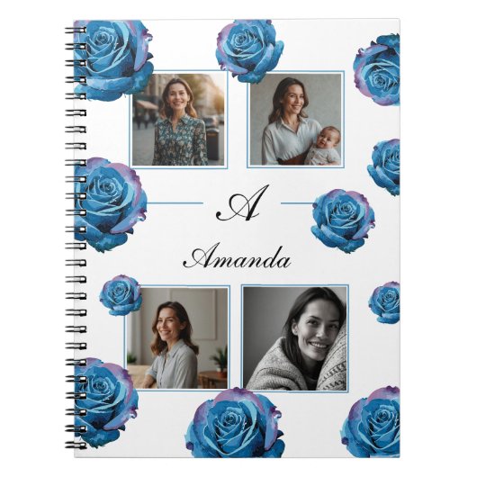 Modern Blauw Roos Monogram Fotocollage Aangepaste Notitieboek (Voorkant)