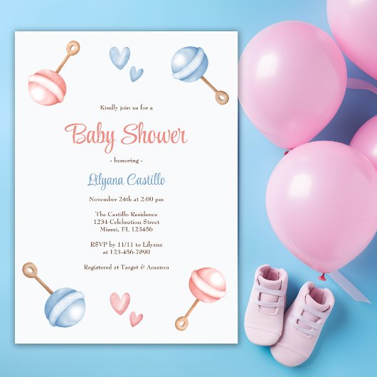 Modern Blauw Roze Baby Speelgoed Baby shower Kaart