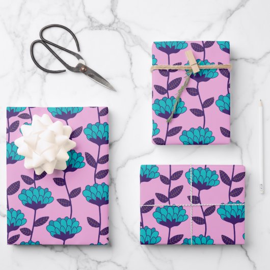 Modern Blauw Roze bloemen patroon Inpakpapier Vel (Voorkant)