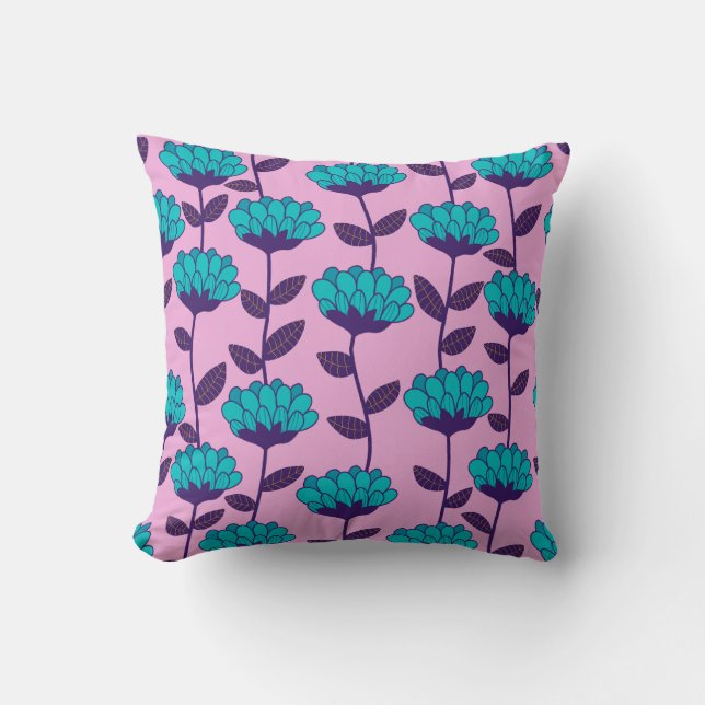 Modern Blauw Roze bloemen patroon Kussen (Voorkant)