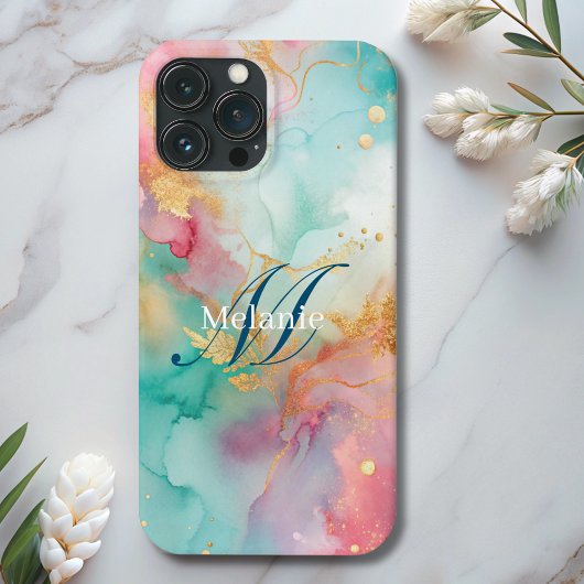 Modern blauw roze gouden waterverf monogram Case-Mate iPhone case