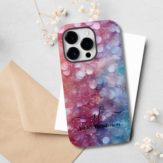 Modern Blauw Roze Ombre Glitter Monogrammed Chic Case-Mate iPhone Case