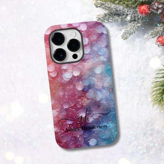 Modern Blauw Roze Ombre Glitter Monogrammed Chic Case-Mate iPhone Case