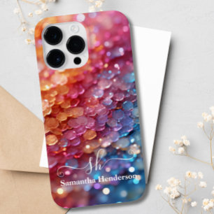 Modern Blauw Roze Pastel Ombre Glitter Monogrammed Case-Mate iPhone 14 Pro Max Hoesje