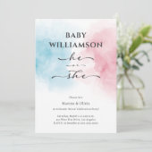 Modern Blauw Roze Zij Geslacht Reveal Party Kaart (Staand voorkant)