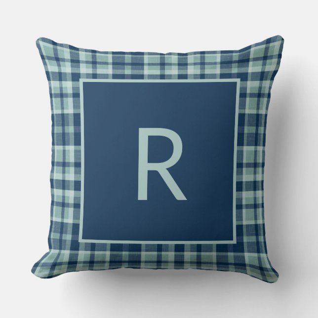 Modern blauw salie groen plaid monogram kussen (Voorkant)
