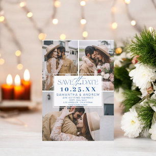 Modern blauw save the date 3 foto's grid collage