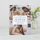 Modern blauw save the date 3 foto's grid collage (Staand voorkant)