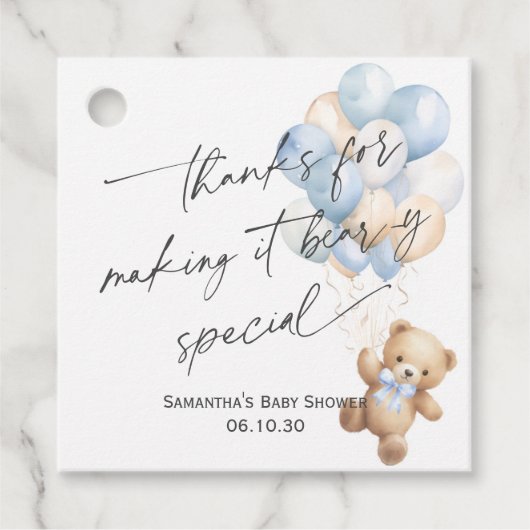 Modern Blauw Schattige Teddy Bear met Ballonnen Do Bedankjes Labels (Voorkant)