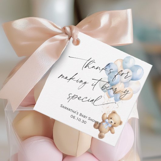 Modern Blauw Schattige Teddy Bear met Ballonnen Do Bedankjes Labels
