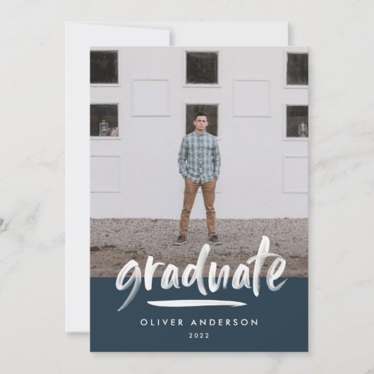 Modern blauw script 3 foto-stijlvol afstuderen kaart (Voorkant)