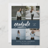 Modern blauw script 4 foto stijlvol afstuderen kaart (Voorkant)