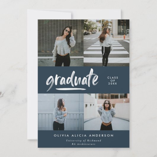 Modern blauw script 4 foto stijlvol afstuderen kaart (Voorkant)