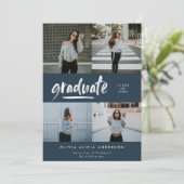 Modern blauw script 4 foto stijlvol afstuderen kaart (Staand voorkant)