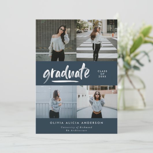 Modern blauw script 4 foto stijlvol afstuderen kaart (Staand voorkant)