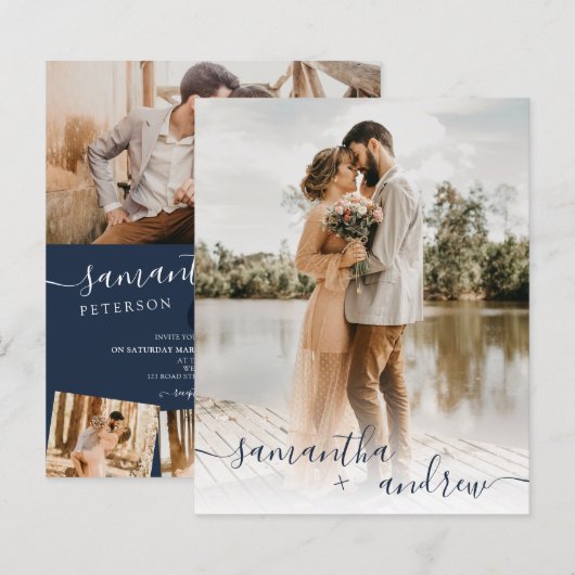 Modern blauw script 5 foto's budget bruiloft (Voorkant / Achterkant)