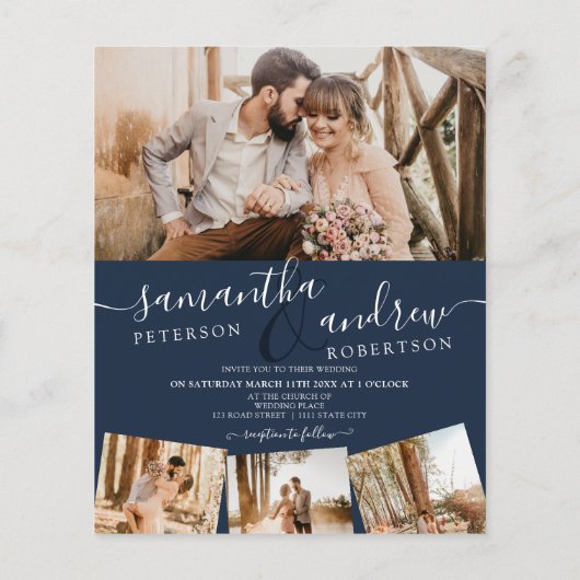 Modern blauw script 5 foto's budget bruiloft (Achterkant)