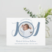 Modern blauw script baby boy drie foto geboorte aankondiging (Staand voorkant)