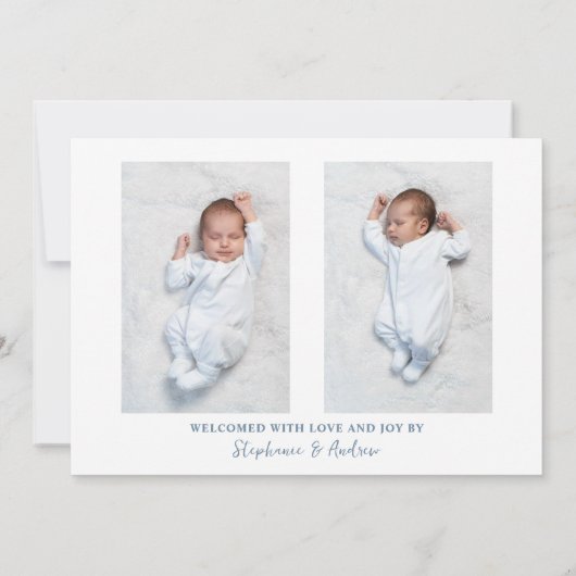 Modern blauw script baby boy drie foto geboorte aankondiging (Achterkant)