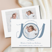Modern blauw script baby boy drie foto geboorte aankondiging