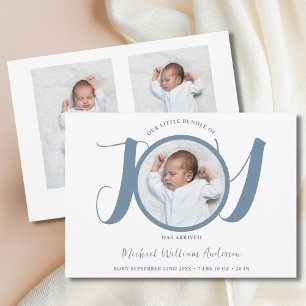 Modern blauw script baby boy drie foto geboorte aankondiging