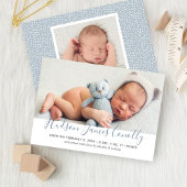 Modern blauw script baby jongen foto geboorte aankondiging
