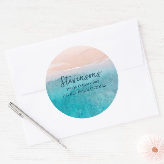 Modern Blauw Script Custom Name Beach House Pun Ronde Sticker (Envelop)