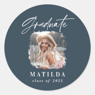 Modern blauw script foto elegant afstuderen ronde sticker