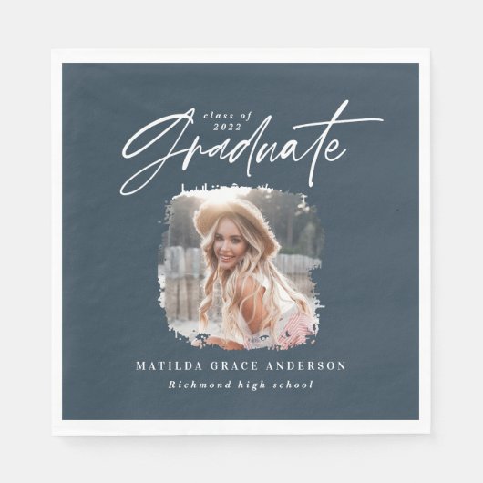 Modern blauw script foto elegant afstuderen servet (Voorkant)