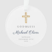 Modern Blauw Script Religieus Jongen Doop Foto Ornament (voorkant)