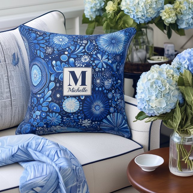 Modern blauw Shibori Monogram Accent Pillow Kussen (Creator heeft geüpload)