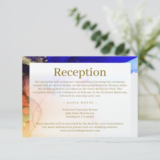 Modern blauw Sinaasappel gouden bruiloft Informatiekaartje (Staand voorkant)