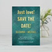 Modern blauw, slechts liefde, sparen de datum foli folie uitnodiging (Staand Voorkant)