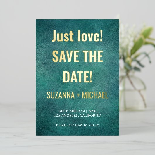 Modern blauw, slechts liefde, sparen de datum foli folie uitnodiging (Staand Voorkant)