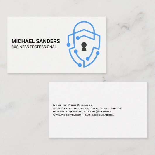 Modern Blauw Tech Beveiligingsschild Logo Visitekaartje (Voorkant / Achterkant)