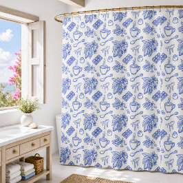Modern Blauw Toile Cacao en Chocolade Patroon Douchegordijn