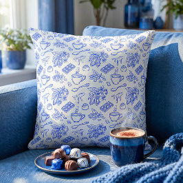 Modern Blauw Toile Cacao en Chocolade Patroon Kussen
