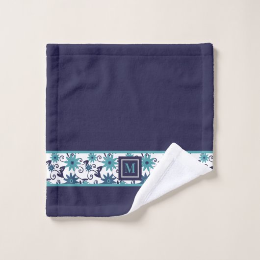 Modern blauw turquoise bloem monogram bad handdoek (Wasdoekje)