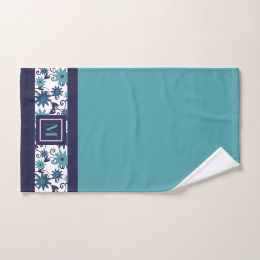 Modern blauw turquoise bloem monogram bad handdoek (Handdoek)