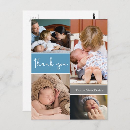 Modern blauw tweede Baby fotocollage dank u Briefkaart (Voorkant / Achterkant)