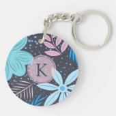 Modern blauw ventilatorroze monogram sleutelhanger (Achterkant)