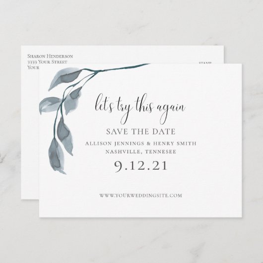 Modern blauw Verander de datum van de bruiloft Bew Aankondigingskaart (Voorkant / Achterkant)