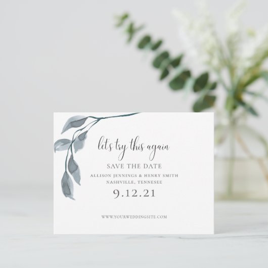 Modern blauw Verander de datum van de bruiloft Bew Aankondigingskaart (Staand voorkant)