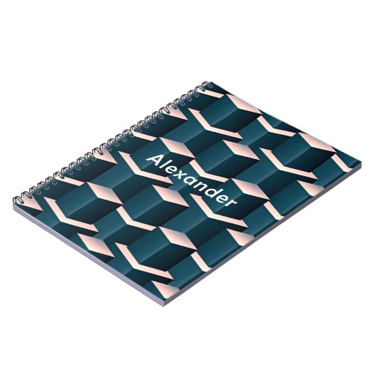 Modern blauw vierkant geometrisch patroon aanpasse notitieboek (Linkerzijde)