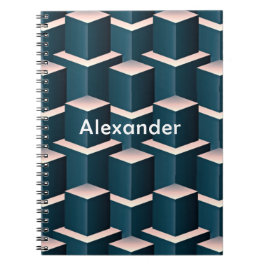 Modern blauw vierkant geometrisch patroon aanpasse notitieboek