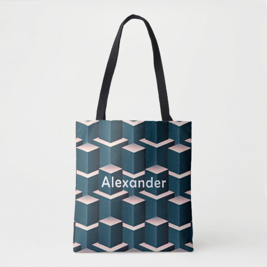 Modern blauw vierkant geometrisch patroon aanpasse tote bag (Voorkant)