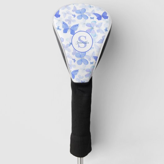 Modern Blauw Vlinder Monogram Golfheadcover (Voorkant)