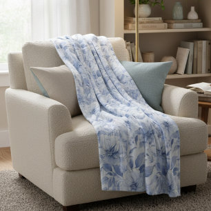 Modern Blauw Waterverf Bloemmotief Fleece Deken